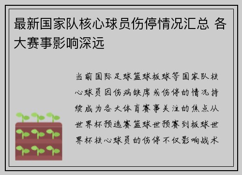 最新国家队核心球员伤停情况汇总 各大赛事影响深远